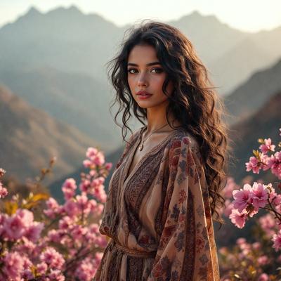The primary subject of the image is a woman wearing a flowing dress, standing in a field of pink flowers. The setting is a mountainous area, with the woman posing in front of a beautiful mountain range. The visual style of the image is a combination of photo and digital art, creating a vibrant and lively atmosphere. The dominant colors in the image are pink and white, which are prevalent in the flowers and the woman's dress.